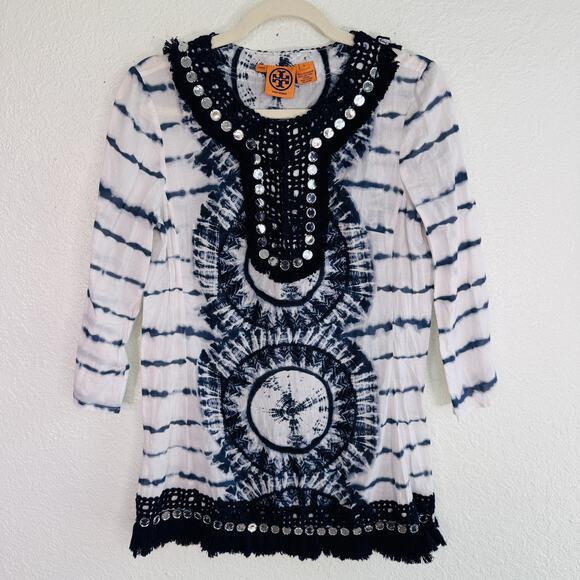 Tory Burch Tunic Womens 6 Tie Dye Mirror Embellished Boho Festival Top Beachy - Picture 1 of 12